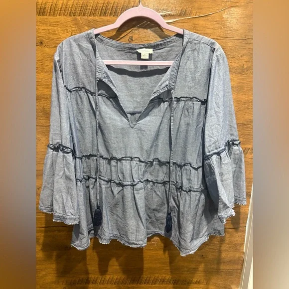SUNDANCE Chambray Tiered Long Sleeve Tassel Top - Picture 2 of 9